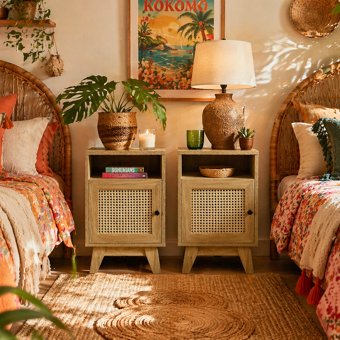 Hazi Wooden Set Of 2 Natural Wood and Rattan Bedside Tables With Shelf And Drawer