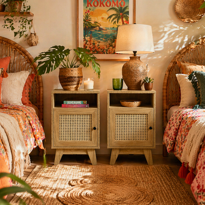 Hazi Wooden Set Of 2 Natural Wood and Rattan Bedside Tables With Shelf And Drawer