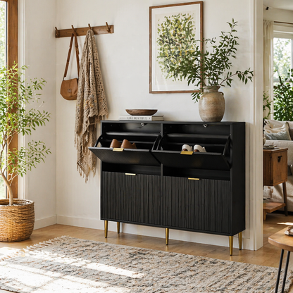 Cofa Zimo Wooden Black Elegant 4 Ribbed Drawer Shoe Cabinet Gold Handles