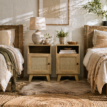 Hazi Wooden Set Of 2 Natural Wood and Rattan Bedside Tables With Shelf And Drawer