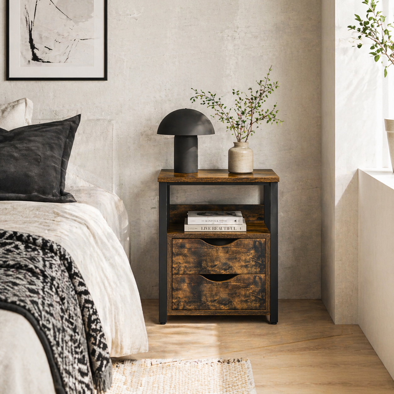 Liri Hael Small Rustic Brown Bedside Table With 2 Drawers And Top Shelf