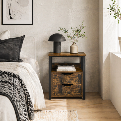 Liri Hael Small Rustic Brown Bedside Table With 2 Drawers And Top Shelf