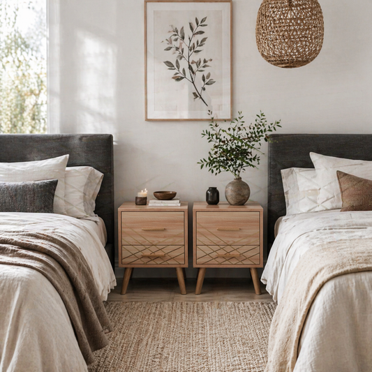 Reyo Set Of 2 Wooden Natural Scandinavian Bedside Tables 2 Drawers