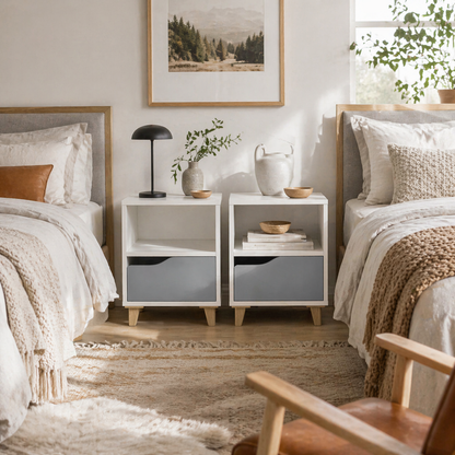 Tavimo Wooden Set Of 2 White And Grey Modern Bedside Tables With Drawer And Shelf