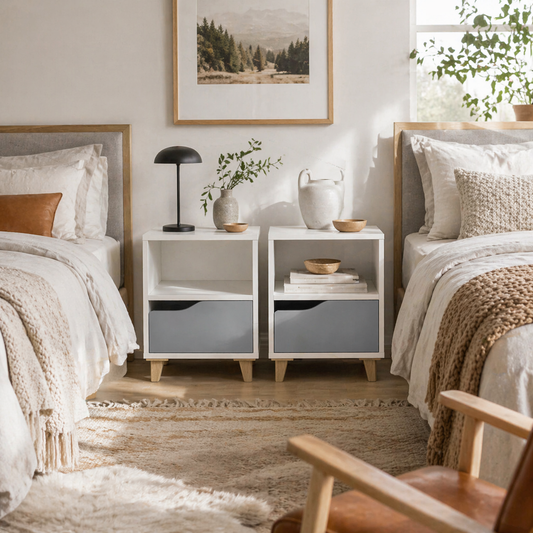 Tavimo Wooden Set Of 2 White And Grey Modern Bedside Tables With Drawer And Shelf