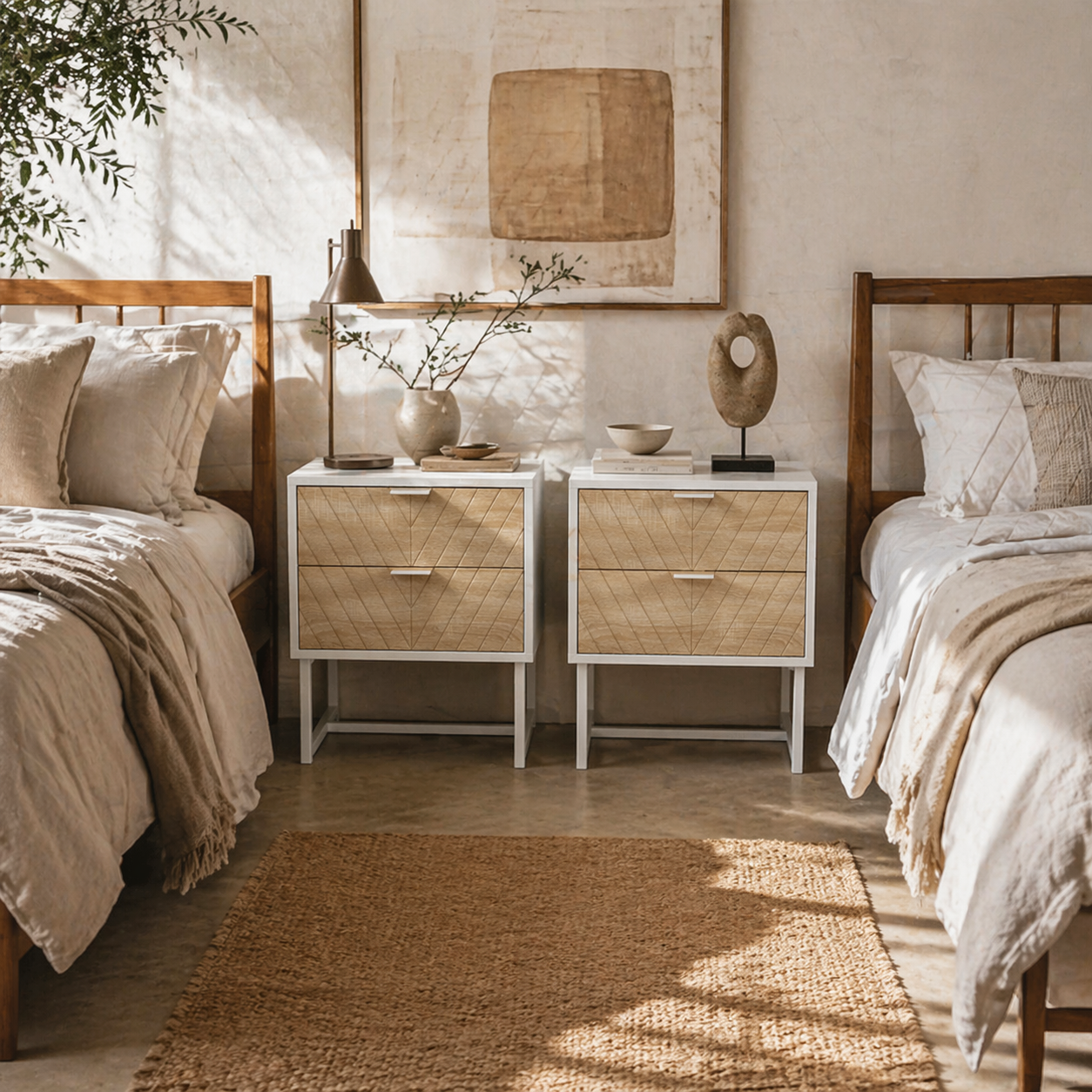 Filu Reno Set Of 2 Wooden White And Natural Chevron Bedside Tables With 2 Drawers
