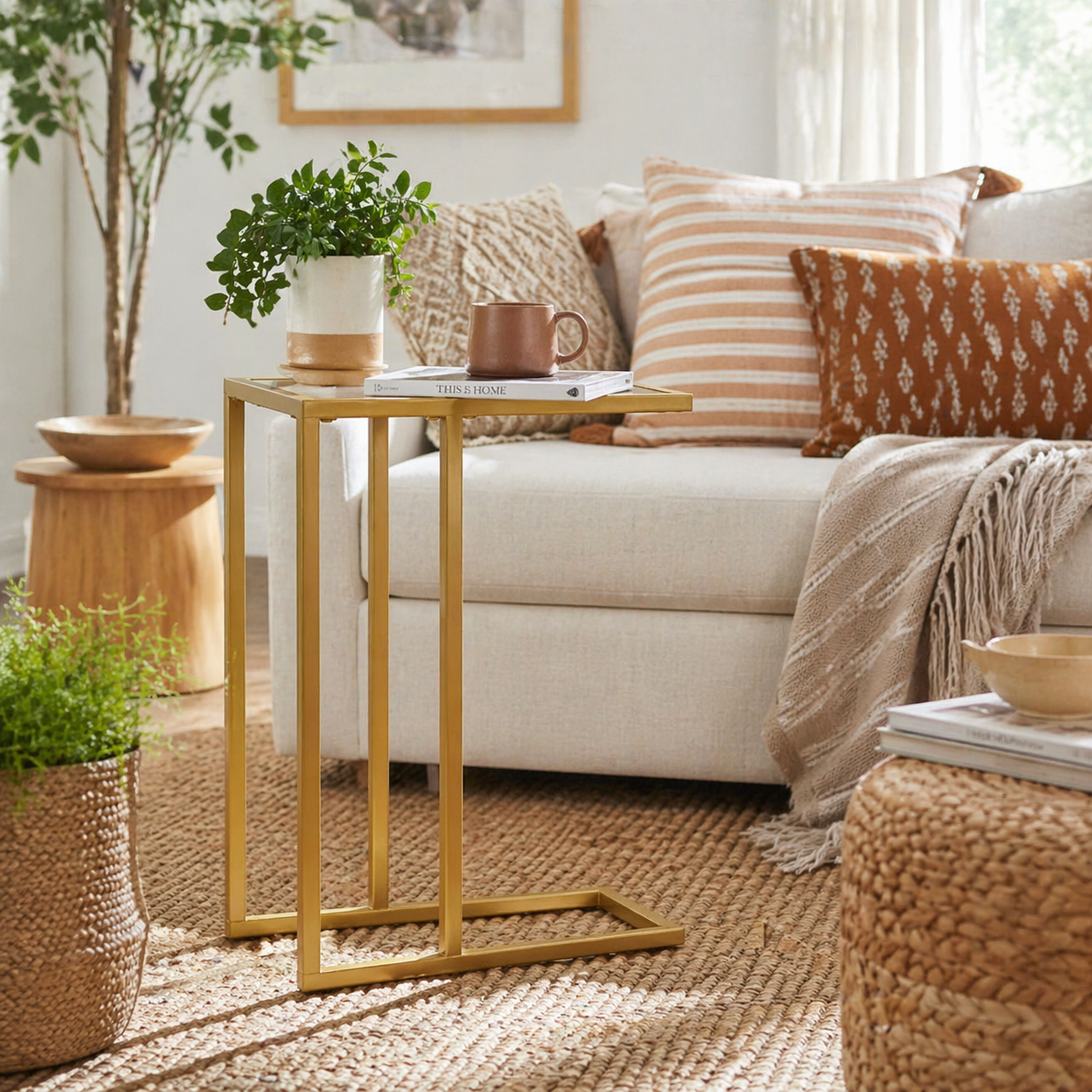 Ramise Gold Metal And Glass Slim C Shaped Side Table