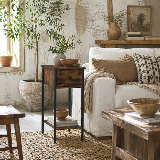 Matone Wooden Rustic Brown Narrow Side Table With Drawer And Lower Shelf