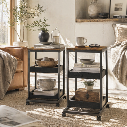 Lufaro Set Of 2 Mobile C Shaped Side Tables With Locking Wheels Metal And Wooden Dark Brown