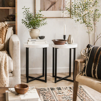 Nesama Black Metal And White Wooden  Set Of 2 Round Side Tables