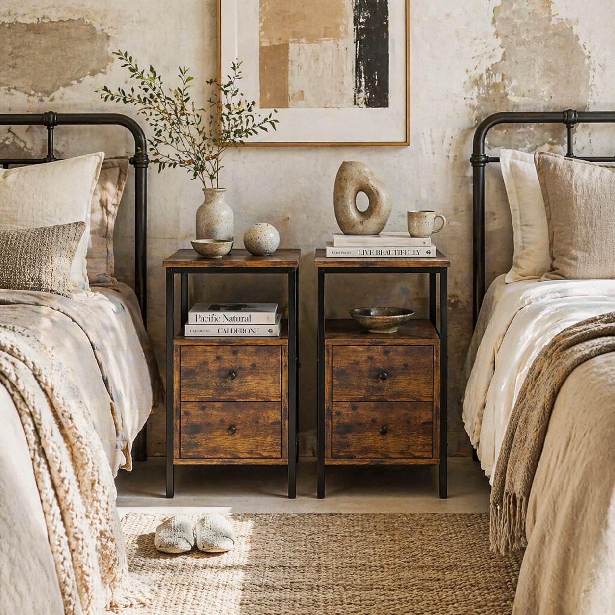 Mirayo Set Of 2 Narrow Industrial Side Tables With 2 Drawers And Shelves Wooden Rustic Brown