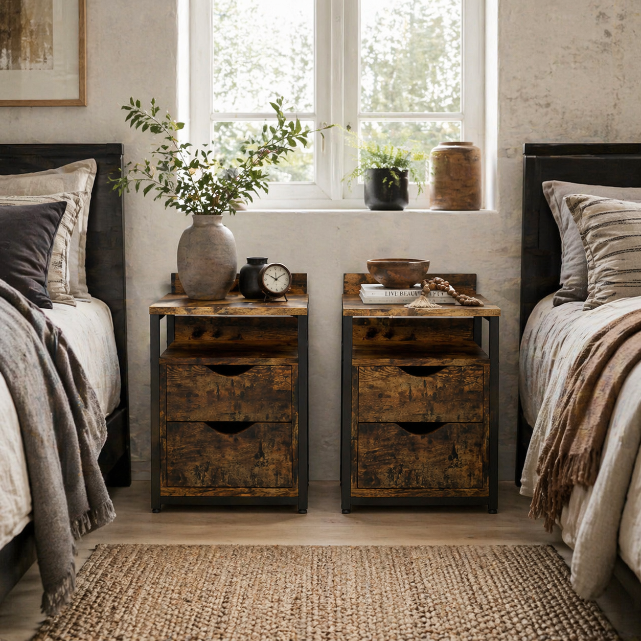 Dikedo Set Of 2 Industrial Metal And Wooden Rustic Brown Bedside Tables 2 Drawer And Shelf