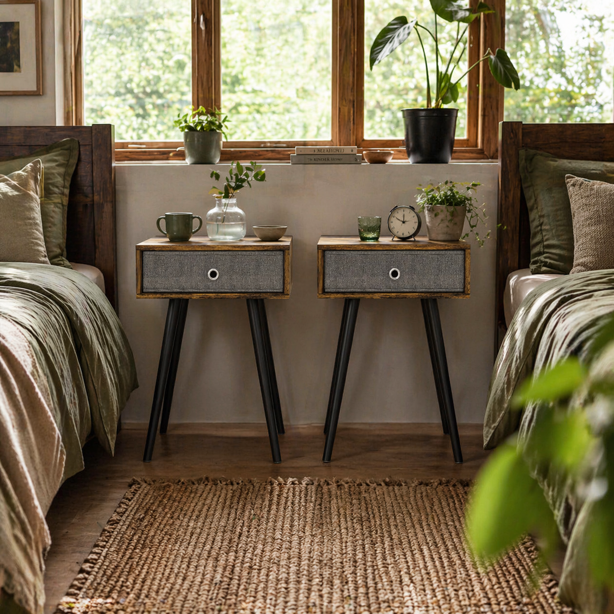 Loyo Set Of 2 Wooden Rustic Brown Industrial Bedside Tables With Grey Fabric Drawer