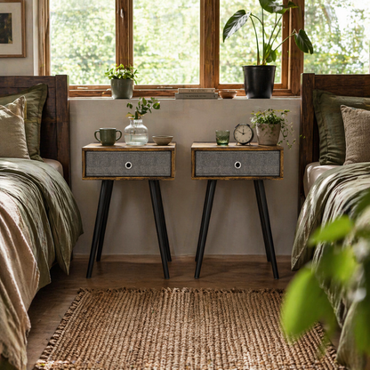 Loyo Set Of 2 Wooden Rustic Brown Industrial Bedside Tables With Grey Fabric Drawer