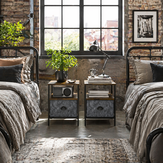 Nehayo Set of 2 Wooden Rustic Brown Bedside Tables With Grey Fabric Drawers