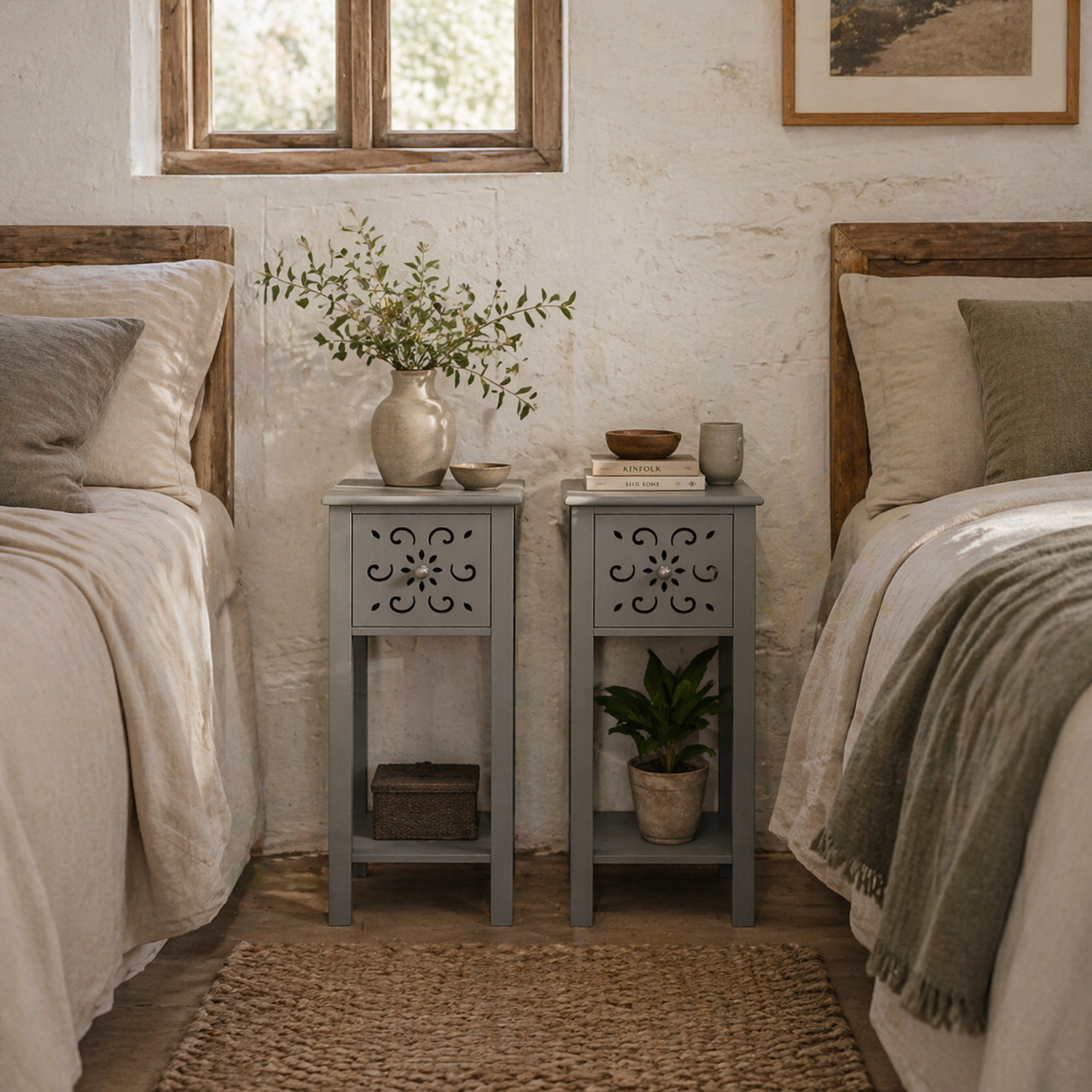 Elne Set Of 2 Grey Wooden Floral Cut Out Accent Side Tables