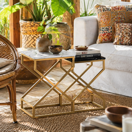 Revi Set Of 2 Marble Effect Nesting Side Tables Gold Metal Legs