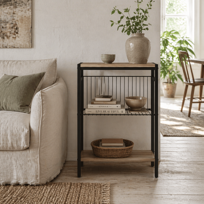 Dimali Black Metal And Grey Wooden Industrial 3 Shelf Side Table