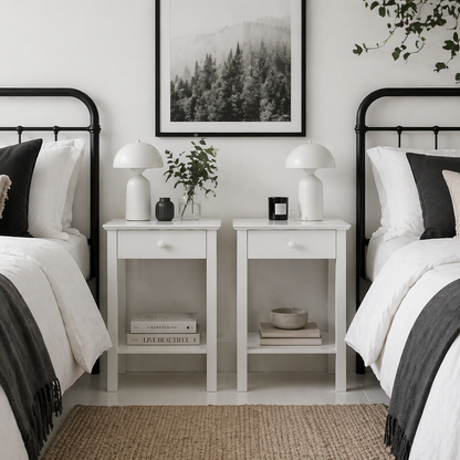 Maco Set Of 2 Wooden White Bedside Tables With Drawer And Bottom Shelf