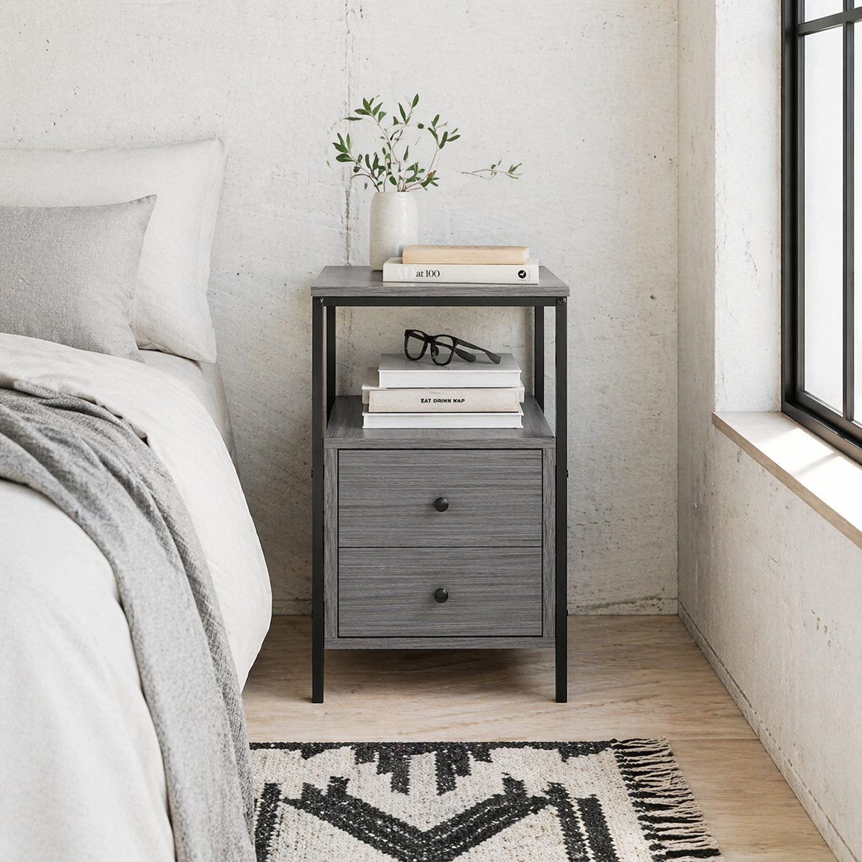 Loto Wooden Grey Wood Effect Narrow Bedside Table With 2 Drawers And Top Shelf