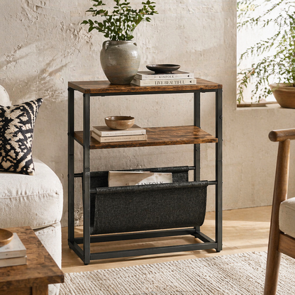 Sanami Wooden Rustic Brown Narrow Side Table With 3 Tier Storage And Magazine Slot