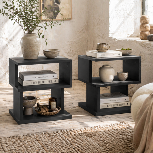 Dosasu Wooden Black Set Of 2 Square Side Tables With 2 Tier Storage