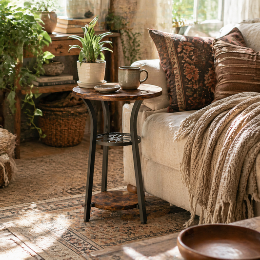 Neri Rustic Brown Wooden Round Side Table With 3 Tier Storage Floral Design