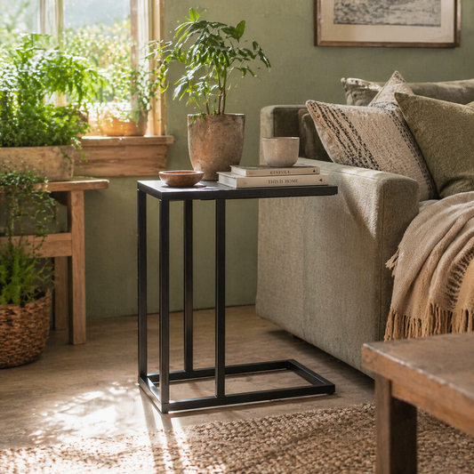 Sariso Metal And Wooden Black C Shaped Side Table With Wood Effect Top