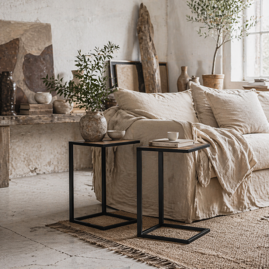 Tanit Metal And Wooden Brown And Black Set Of 2 C Shaped Sofa Side Tables