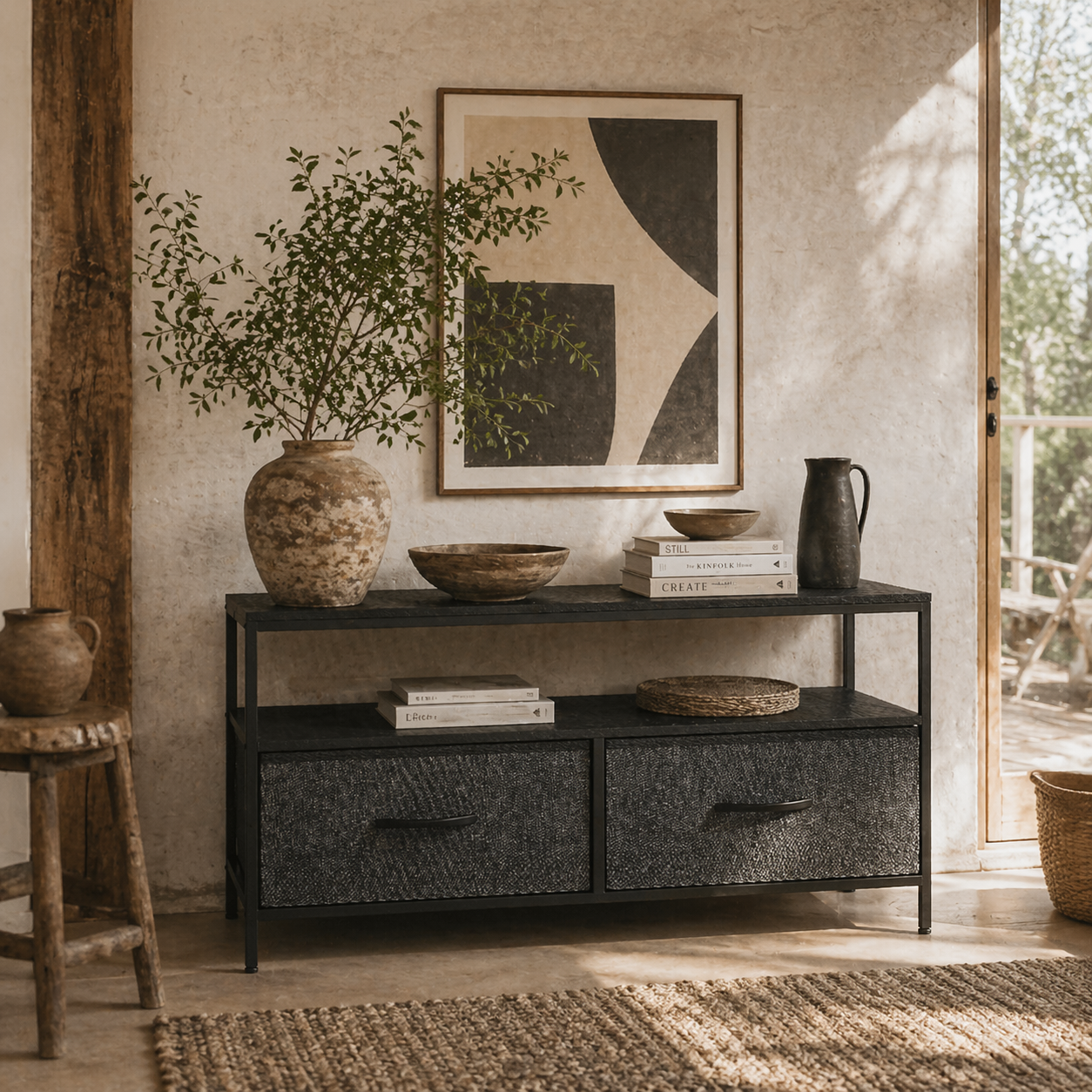 Avatera 98cm Black and Grey TV Storage Unit With 2 Fold Down Fabric Drawers
