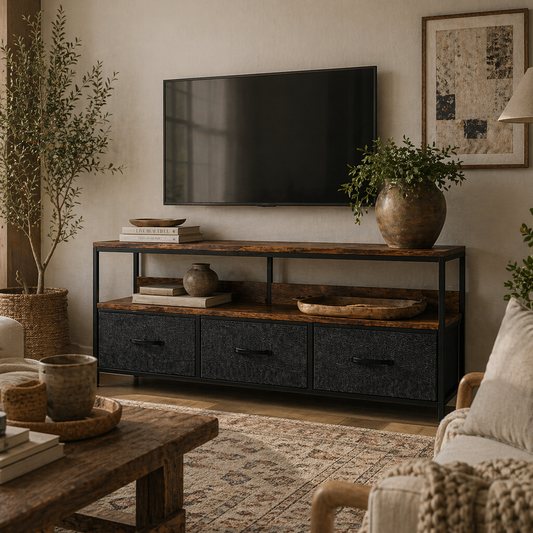 Avasoro 120cm Rustic Brown TV Storage Unit With 3 Fold Down Fabric Drawers