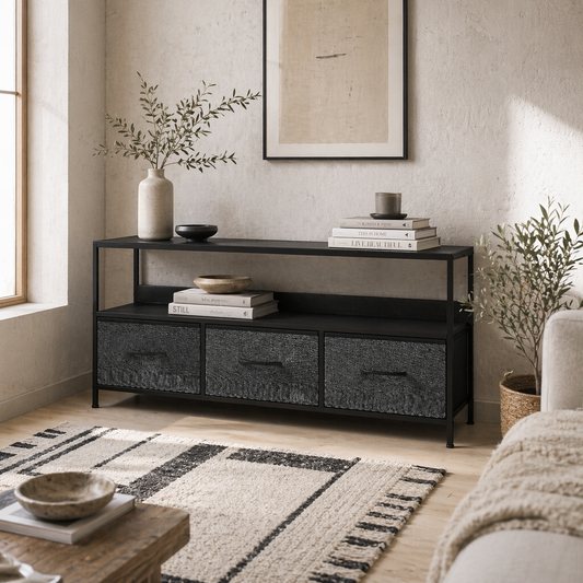 Avanor 120cm Black TV Storage Unit With 3 Fold Down Fabric Drawers