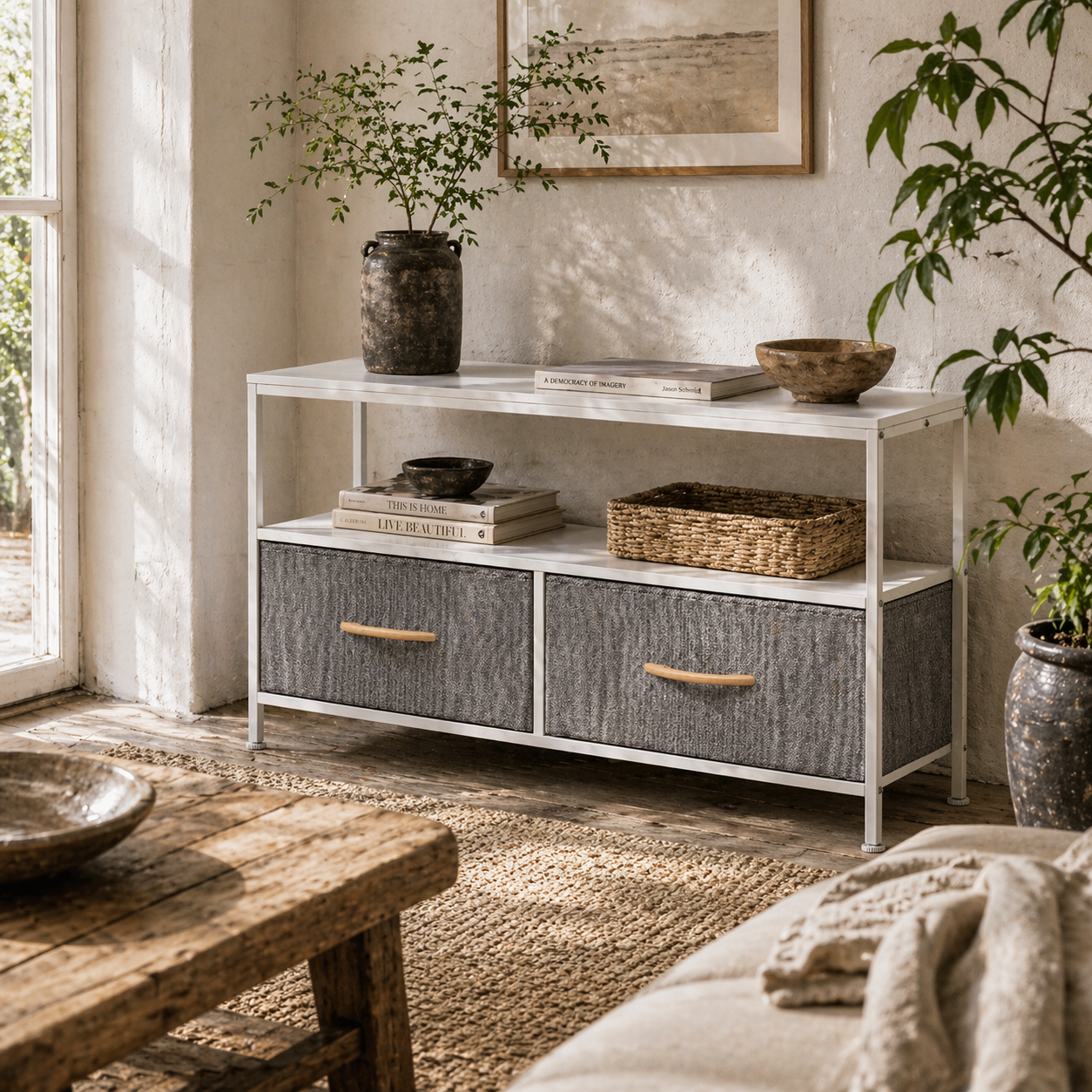 Avavale 98cm White TV Storage Unit With 2 Fold Down Fabric Drawers