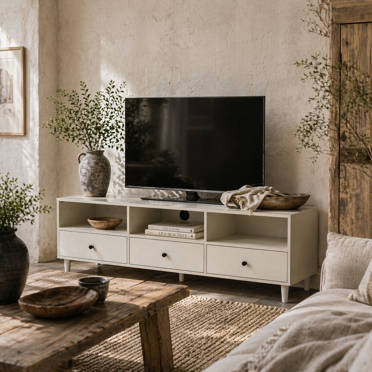 Kedito Cream White Multi Storage TV Stand 3 Drawers and Open Compartments