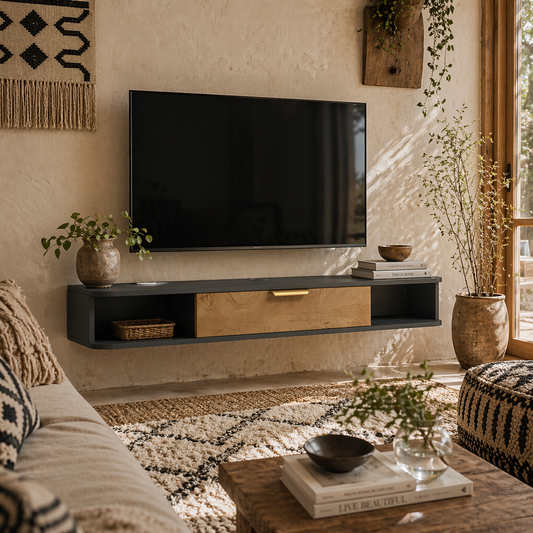 Nova 120cm Wooden Charcoal Grey and Natural Floating TV Stand With Storage