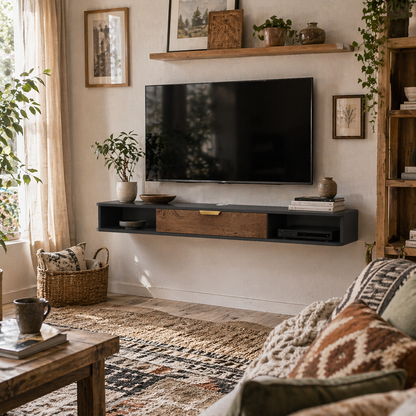 Nova 140cm Wooden Charcoal Grey and Natural Floating TV Stand With Storage