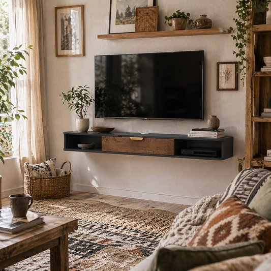 Nova 140cm Wooden Charcoal Grey and Natural Floating TV Stand With Storage