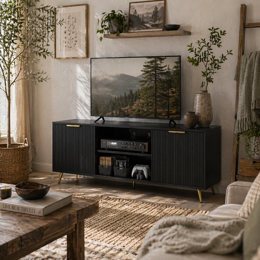 Ellini Wooden Black TV Stand With 2 Open Shelves 2 Doors For Screens Up To 55 Inches