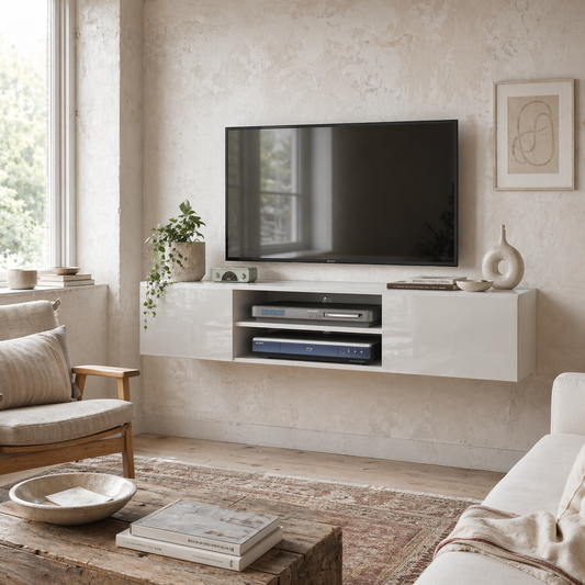 Lumipa 140cm High Gloss White Floating TV Stand With Open Shelves And Doors For Screens Up To 60 Inches
