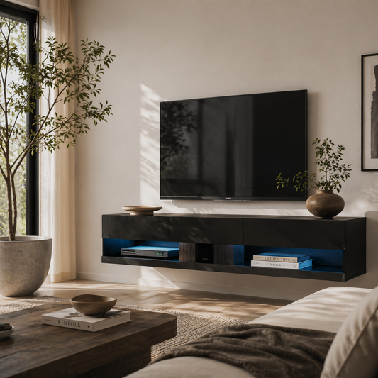 Vare 150cm High Gloss Black Floating TV Unit With LED Lighting For Screens Up To 65 Inches