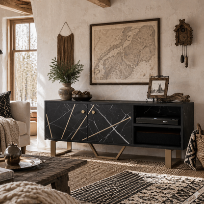 Vinika 110cm Wooden Black Marble Effect TV Console With Shelves And Storage For Screens Up To 50 Inches