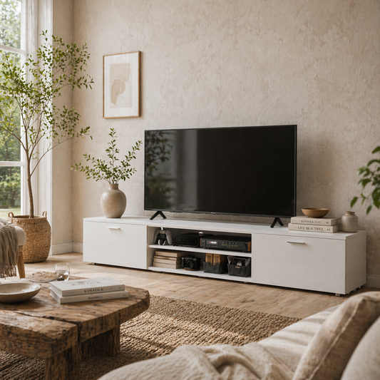 Lata 200cm Wooden White Entertainment Unit With Storage For TVs Up To 90 Inches