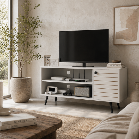 Baelva 110cm Vale Wooden White Duo Storage TV Unit With Stipe Door Design