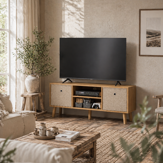 Linore 110cm Wooden Brown TV Storage Cabinet With Fabric Fold Down Drawers For Screens Up To 50 Inches