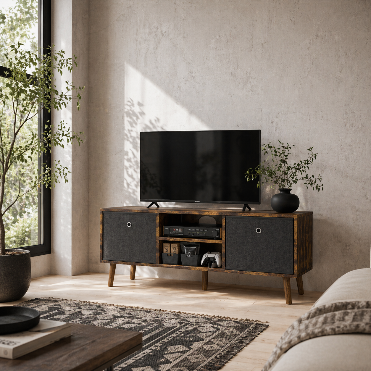 Dilo 110cm Wooden Rustic Brown TV Storage Cabinet With Fabric Fold Down Drawers For Screens Up To 50 Inches