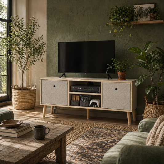 Lepa Yoha 110cm Natural Wood TV Storage Cabinet With Fabric Fold Down Drawers For Screens Up To 50 Inches