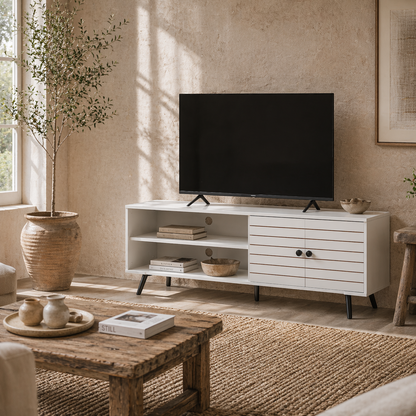 Lare 145cm Wooden White TV Unit With Stripe Doors Open Shelves And Wooden Legs