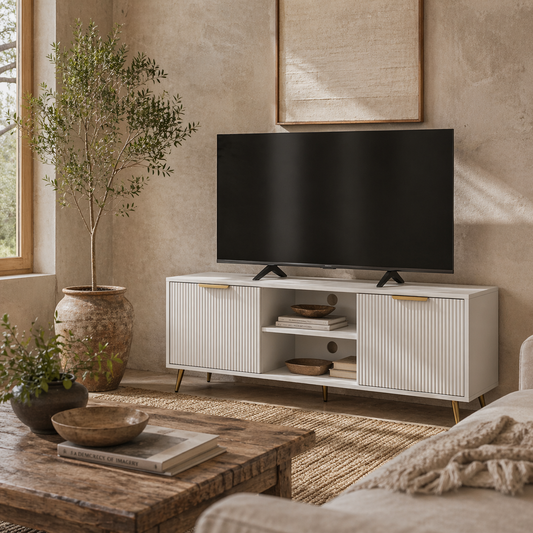 Lamo 120cm Wooden White TV Stand 2 Etched Doors and Shelf For Screens Up To 55 Inches