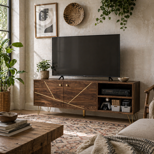 Lurali 130cm Wooden Brown TV Cabinet 2 Doors and Shelf Gold Hairpin Legs For Screens Up To 60 Inches