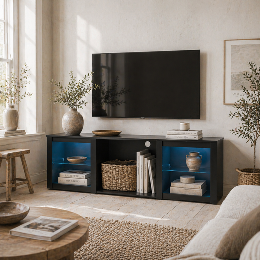 Filu Nara 160cm Wooden Black TV Stand With LED Lighting And Storage For 65 Inch Screens